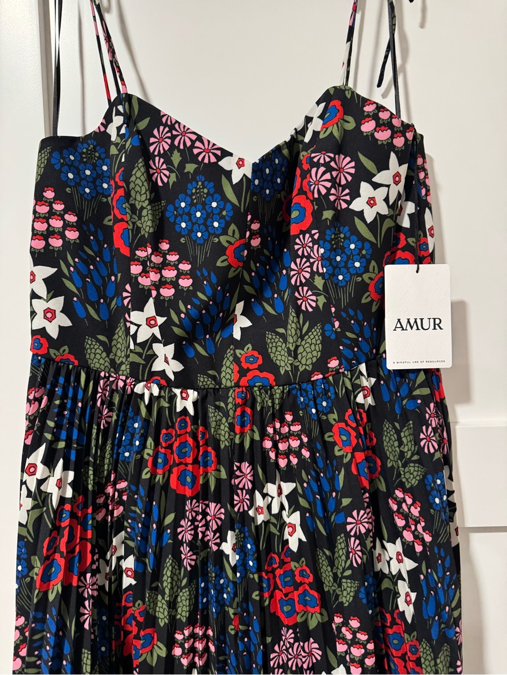 AMUR Lady’s Dress Black Floral Midi Dress with Red, Pink, Blue & White Flowers